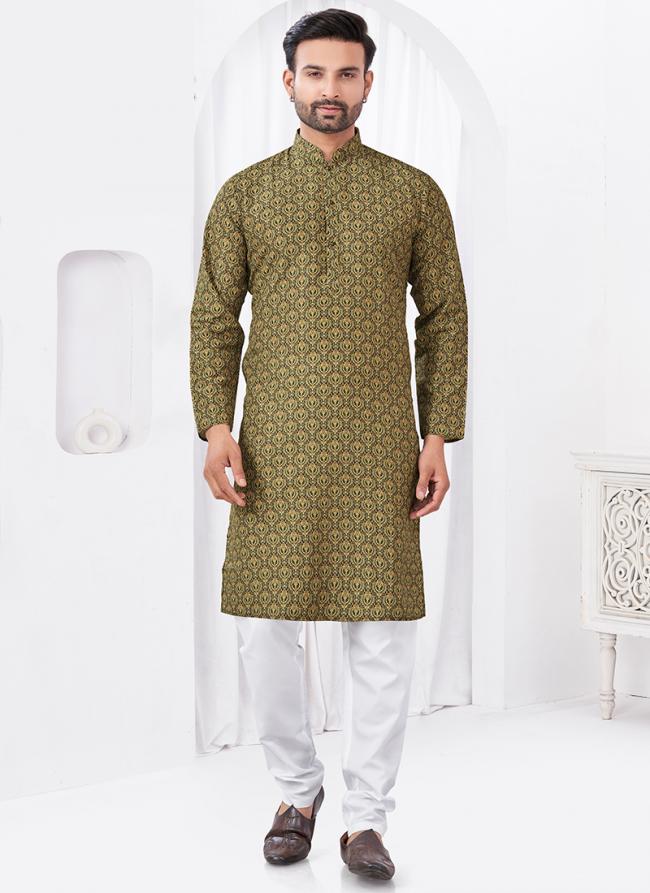 Rayon Cotton Olive Ceremonial Wear Printed Readymade Kurta Pajama